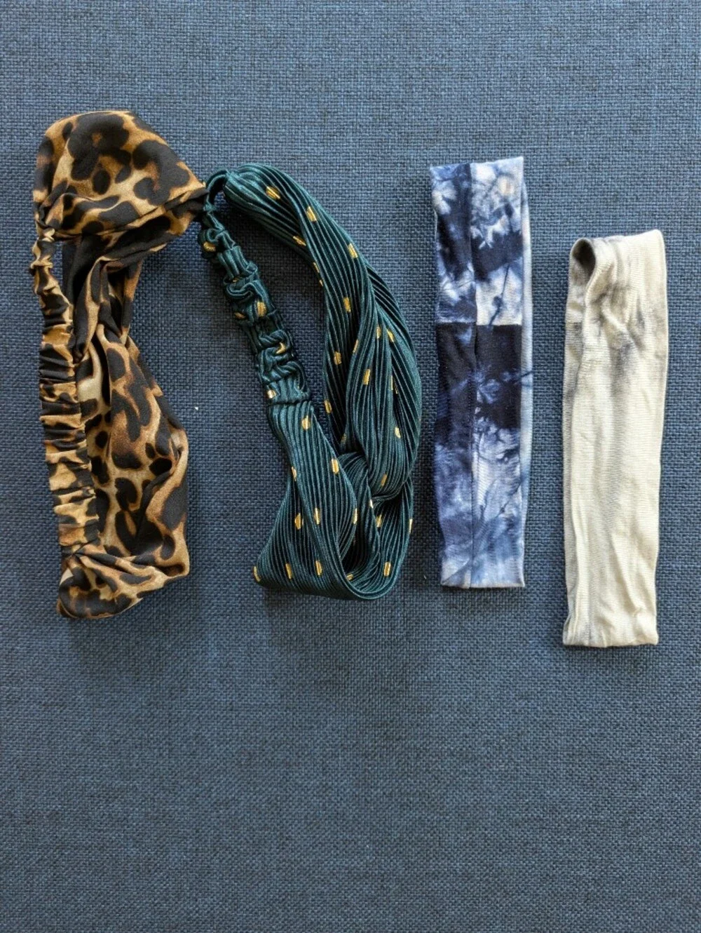 Set of 4 Fashion Headbands – Leopard, Emerald with Gold Dots, Navy Black Tie Dye